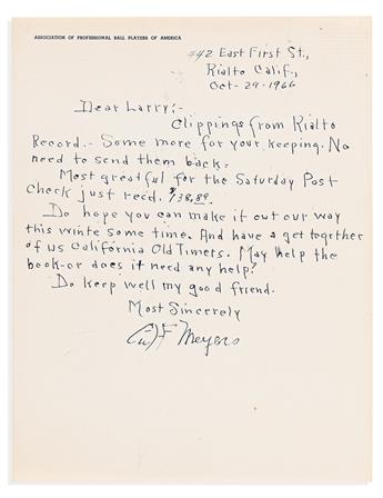 (SPORTS--BASEBALL.) Letters from Dead Ball Era legends Sam Crawford and Chief Meyers, to the author of "Glory of their Times."